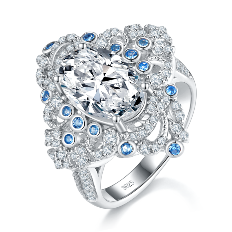 Affordable Luxury满钻四叶草蛋形Women's RingS925银镀白金定制选款主石Moissanite4.5ct/副石高碳钻