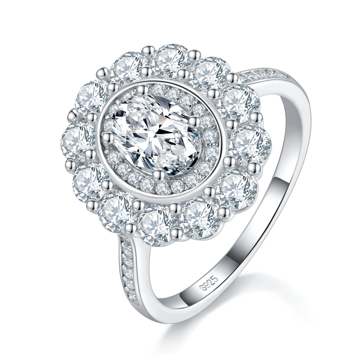 太阳花蛋形钻女戒S925银镀白金定制选款主石莫桑钻1.0ct/副石高碳钻