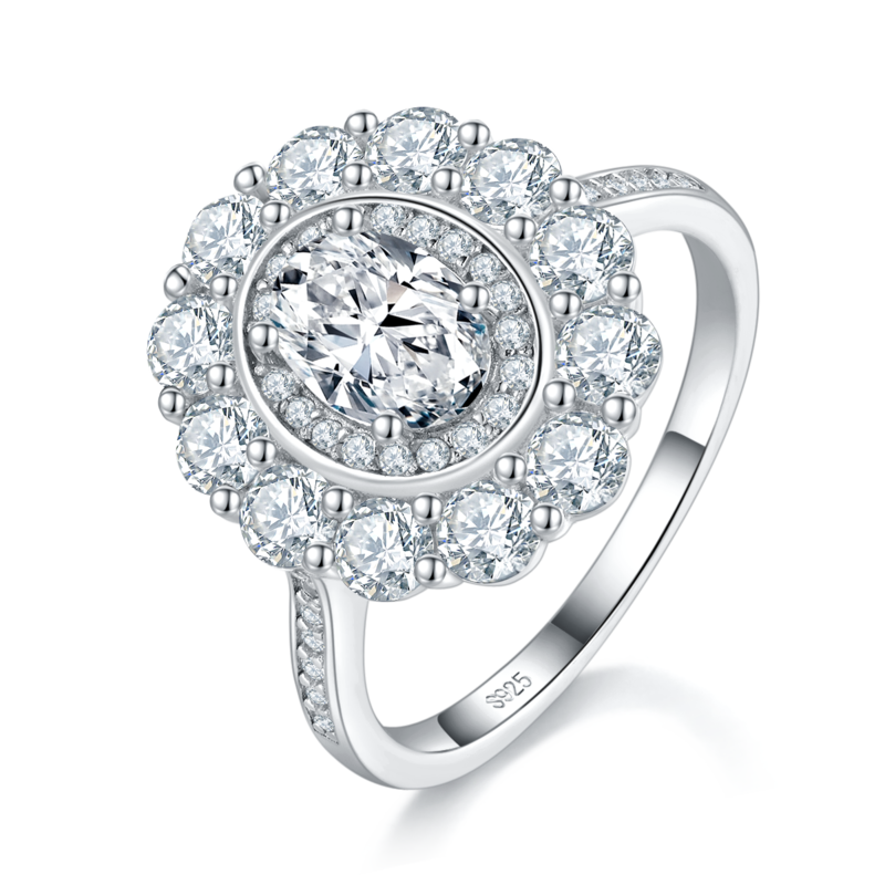太阳花蛋形钻Women's RingS925银镀白金定制选款主石Moissanite1.0ct/副石高碳钻