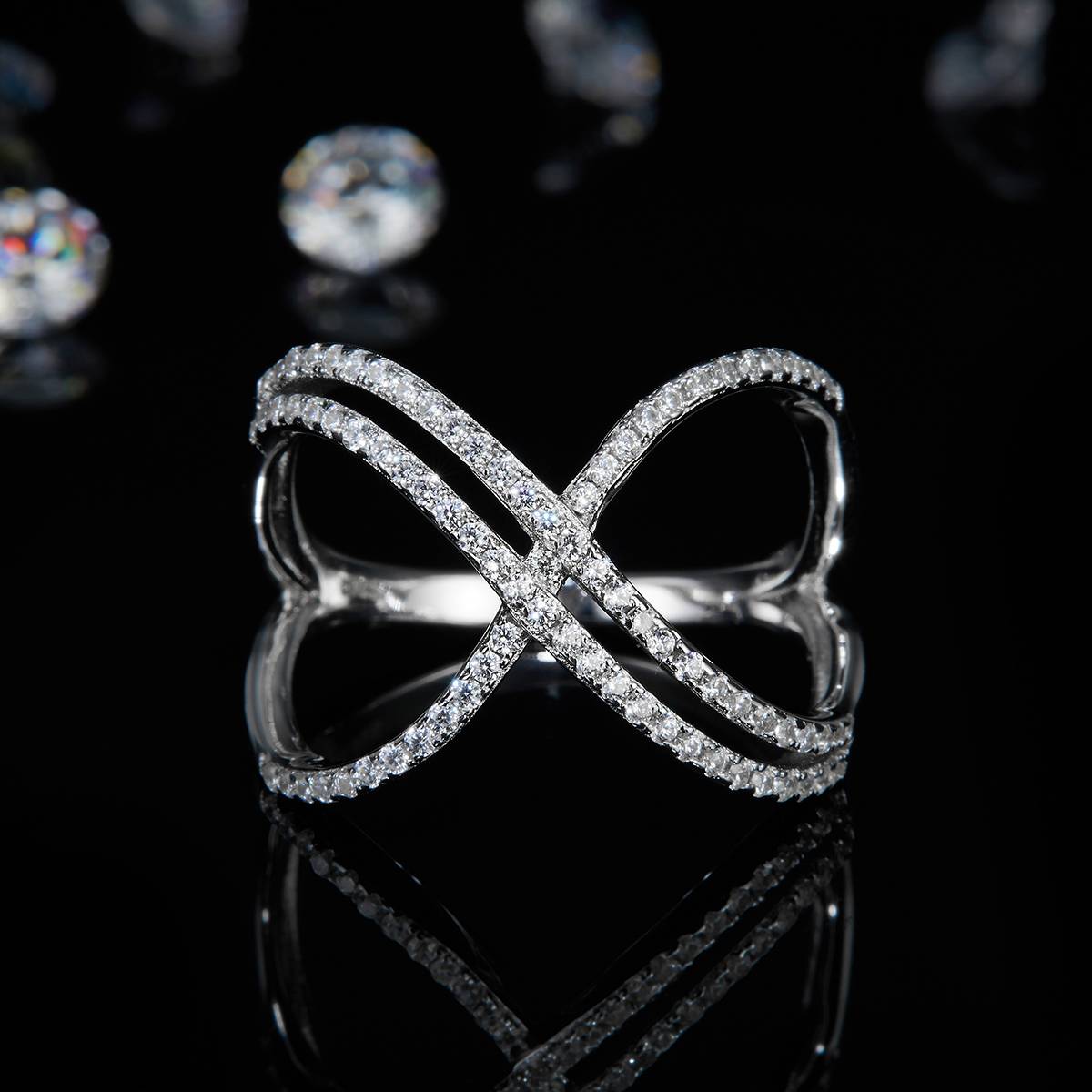 X-shaped S925 silver plated platinum women's ring custom selection Side Stone Moissanite 0.58ct