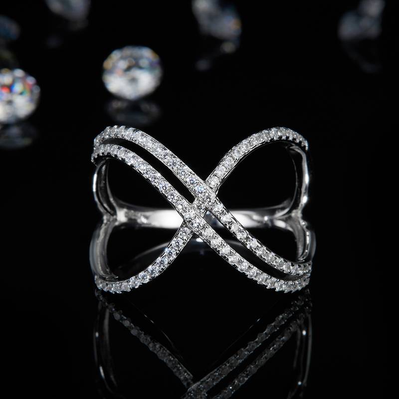 X形排戒S925银镀白金Women's Ring定制选款副石Moissanite0.58ct