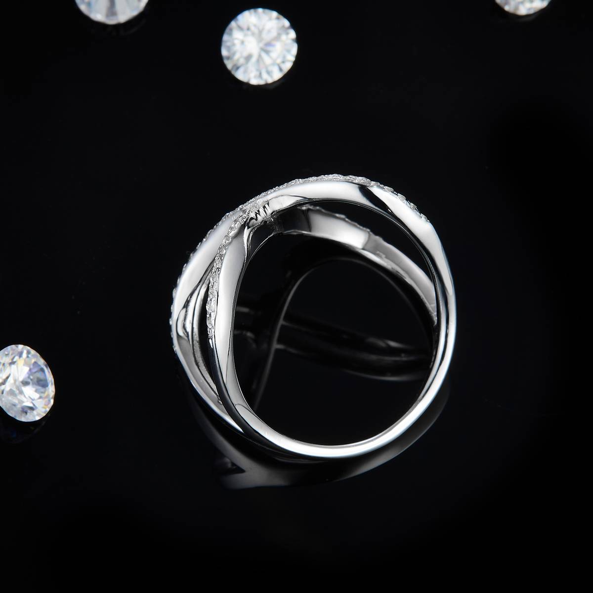 X-shaped S925 silver plated platinum women's ring custom selection Side Stone Moissanite 0.58ct