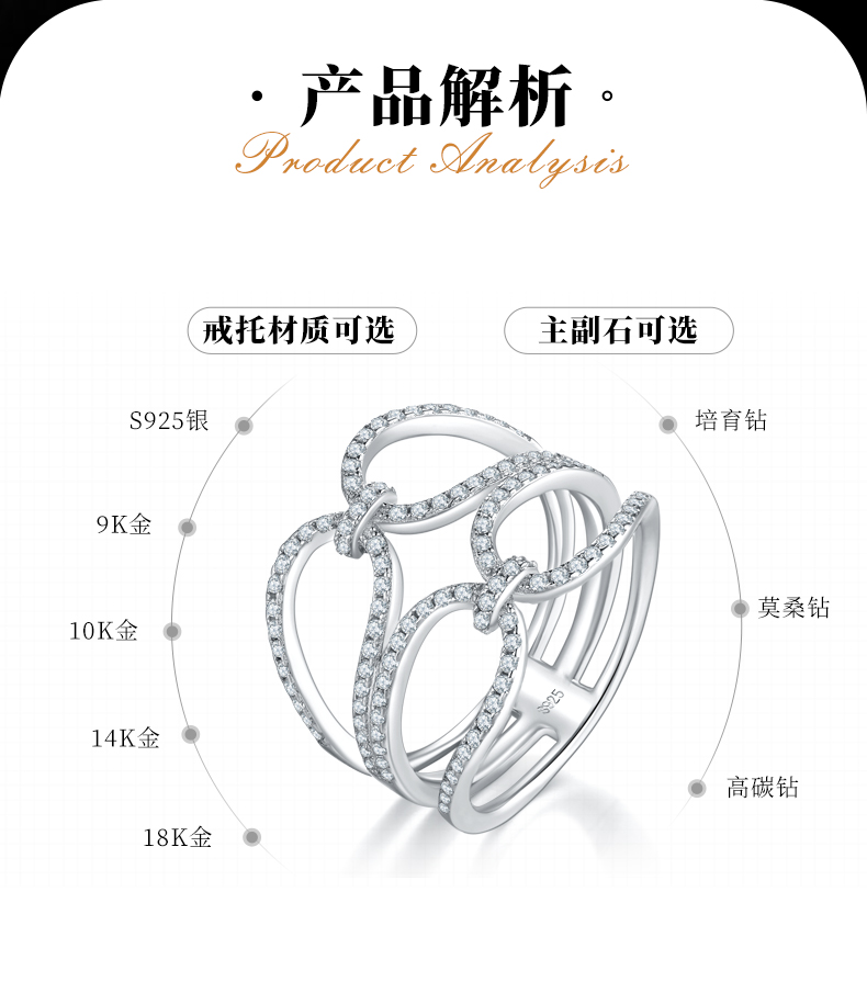 双环相扣排戒S925银镀白金女戒定制选款副石莫桑钻0.59ct - 2