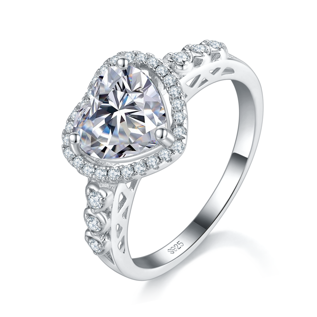 圆包心形钻女戒S925银镀白金定制选款主石莫桑钻2.0ct/副石高碳钻