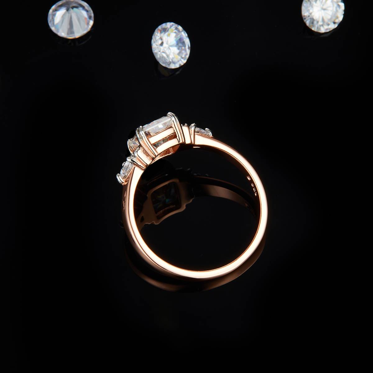 Three Stone Square Diamond Women's Ring S925 Silver Plated Rose Gold Customized Selection Main Stone Moissanite 2.0ct/Side Stone Cubic Zirconia