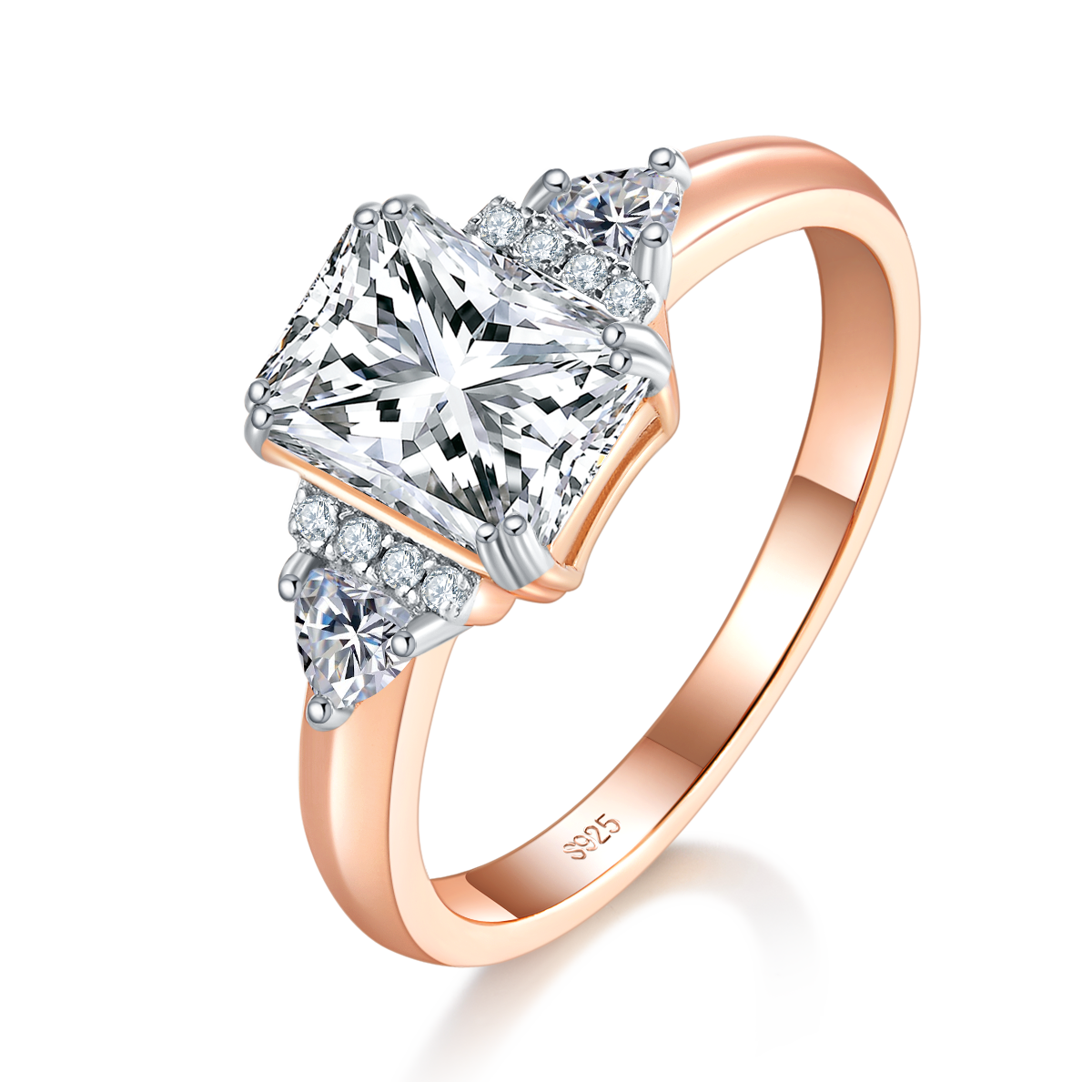 Three Stone Square Diamond Women's Ring S925 Silver Plated Rose Gold Customized Selection Main Stone Moissanite 2.0ct/Side Stone Cubic Zirconia