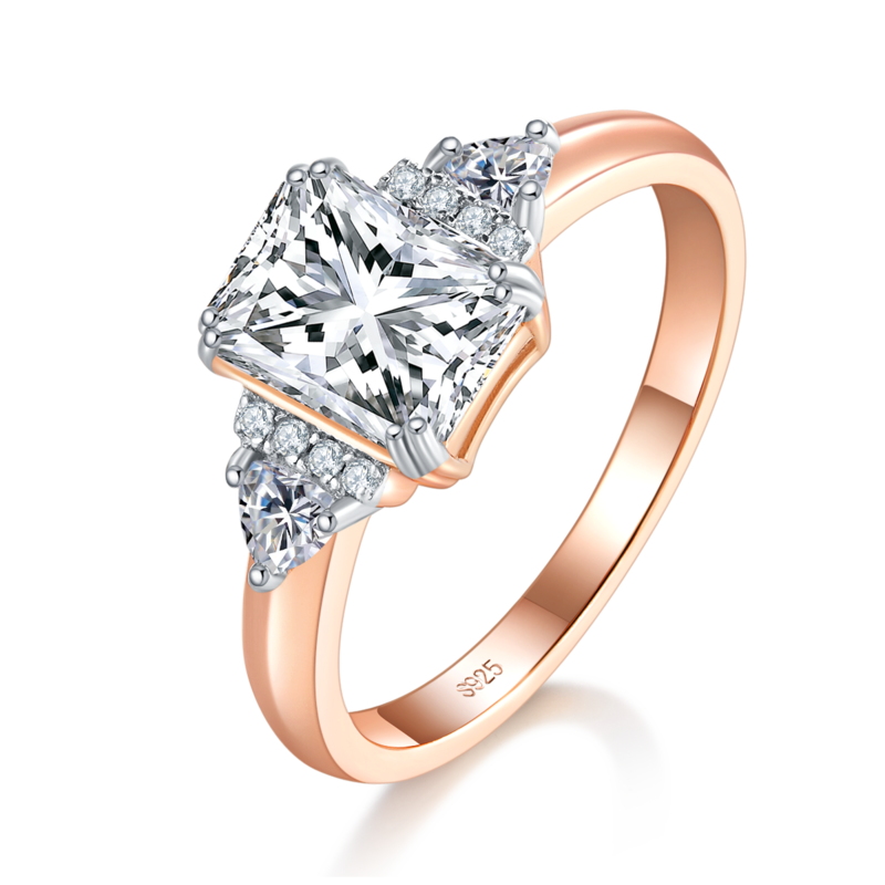 三石款方钻Women's RingS925银镀玫瑰金定制选款主石Moissanite2.0ct/副石高碳钻