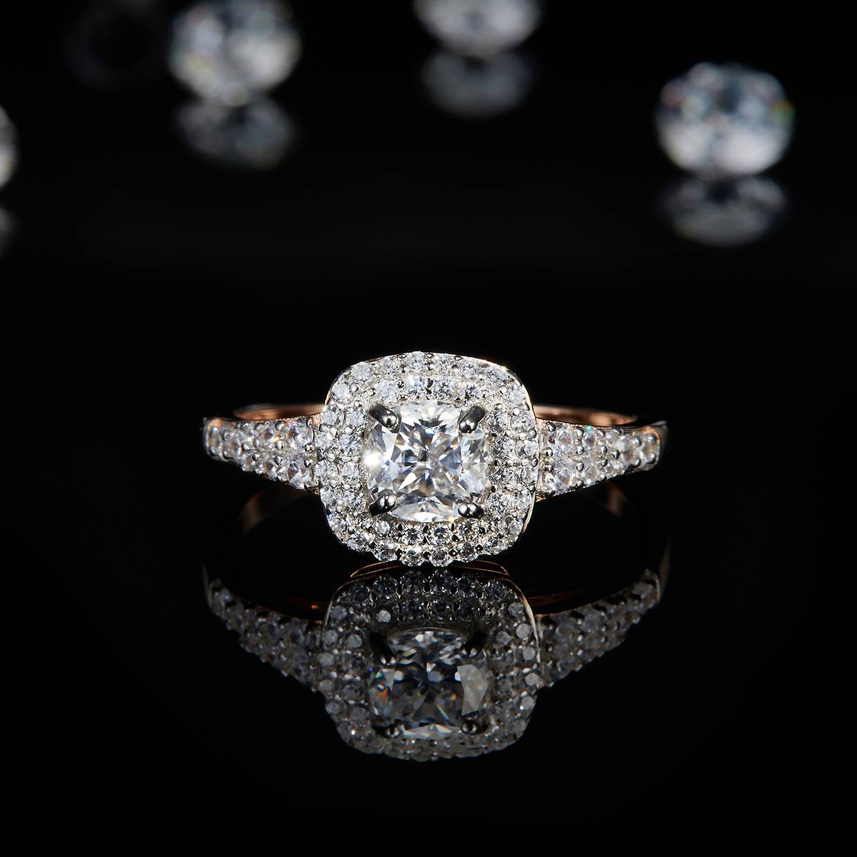 Double layer round bag Cushion diamond women's ring S925 silver plated rose gold custom selection main stone Moissanite 0.6ct/Side Stone Cubic Zirconia