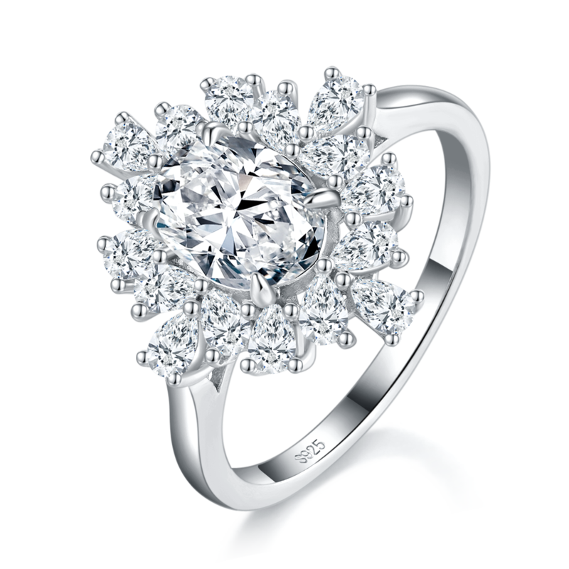 梨形小钻围镶蛋形钻Women's RingS925银镀白金定制选款主石Moissanite1.5ct/副石高碳钻