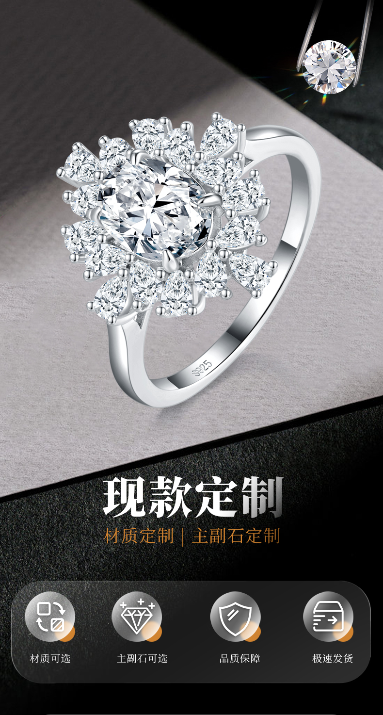 梨形小钻围镶蛋形钻女戒S925银镀白金定制选款主石莫桑钻1.5ct/副石高碳钻 - 1