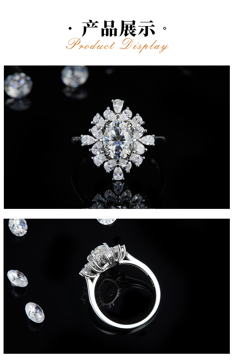 梨形小钻围镶蛋形钻女戒S925银镀白金定制选款主石莫桑钻1.5ct/副石高碳钻 - 3