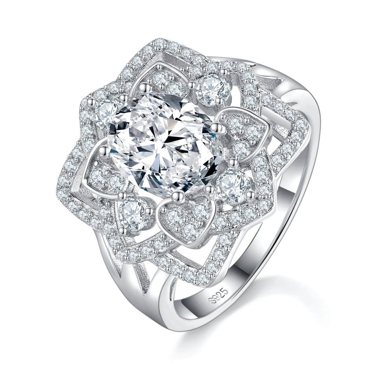 Luxury Petal Round Diamond Women's Ring S925 Silver Plated Platinum Customized Selection Main Stone Moissanite 2.0ct/Side Stone Cubic Zirconia