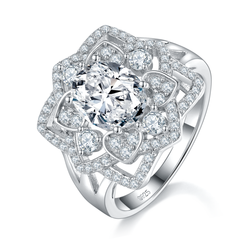 豪华花瓣圆钻Women's RingS925银镀白金定制选款主石Moissanite2.0ct/副石高碳钻