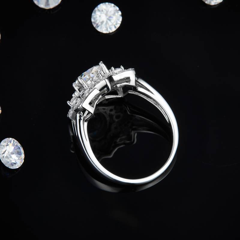 豪华花瓣圆钻Women's RingS925银镀白金定制选款主石Moissanite2.0ct/副石高碳钻