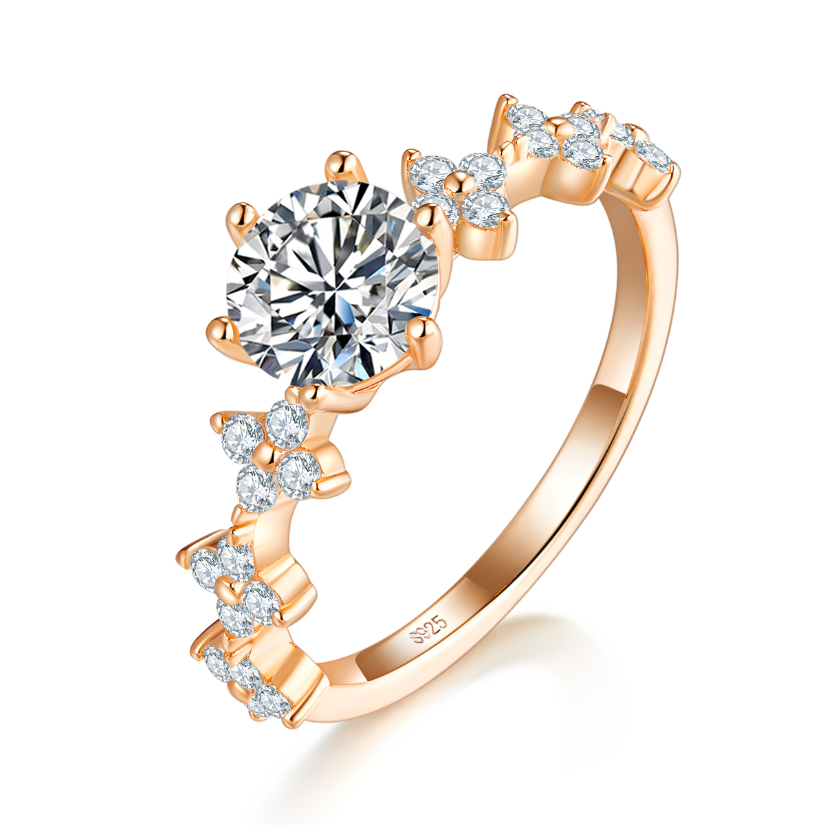 六爪女戒S925银镀玫瑰金定制选款主石莫桑钻1.0ct/副石高碳钻