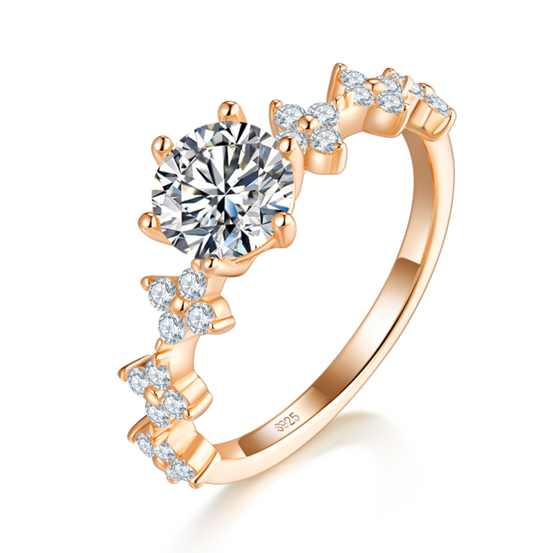 六爪女戒S925银镀玫瑰金定制选款主石莫桑钻1.0ct/副石高碳钻