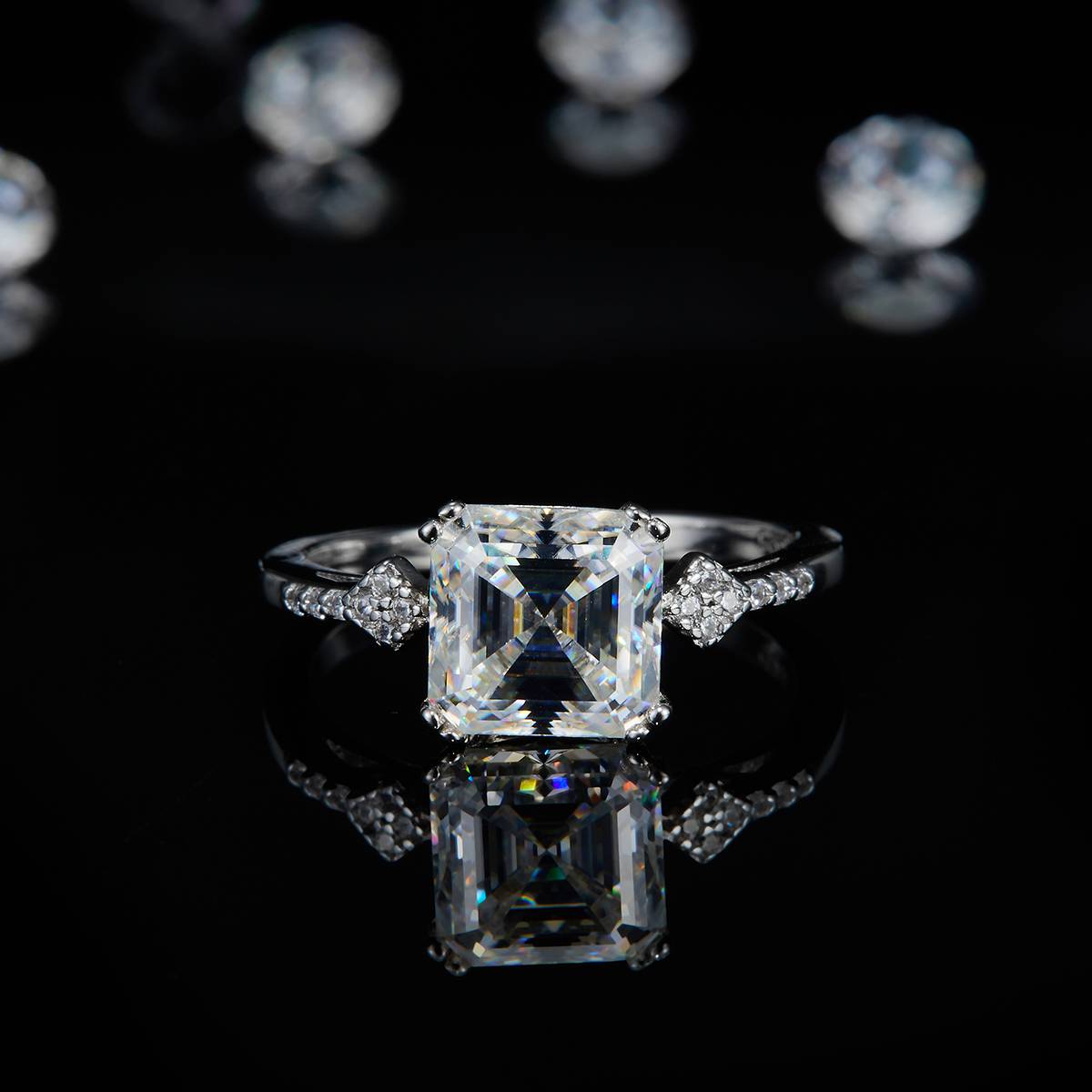 Square Diamond Women's Ring S925 Silver Plated Platinum Customized Selection Main Stone Moissanite 2.5ct/Side Stone Cubic Zirconia
