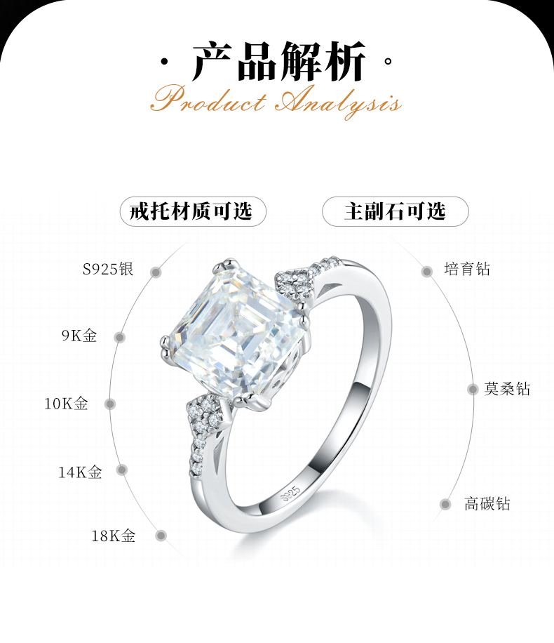 方钻女戒S925银镀白金定制选款主石莫桑钻2.5ct/副石高碳钻 - 2