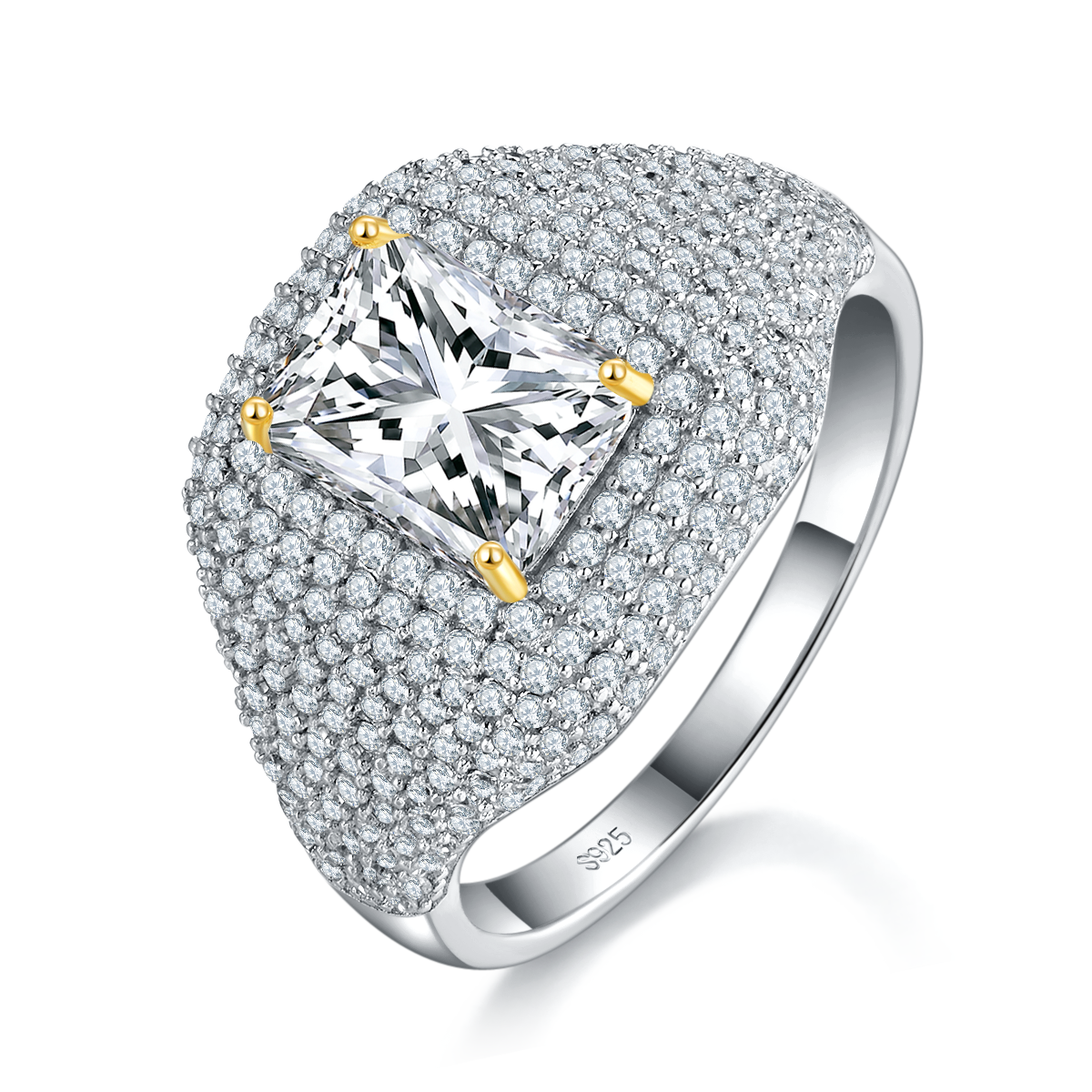 Luxury Full Diamond Set Square Diamond Women's Ring S925 Silver Plated Platinum Customized Selection Main Stone Moissanite 2.0ct/Side Stone Cubic Zirconia