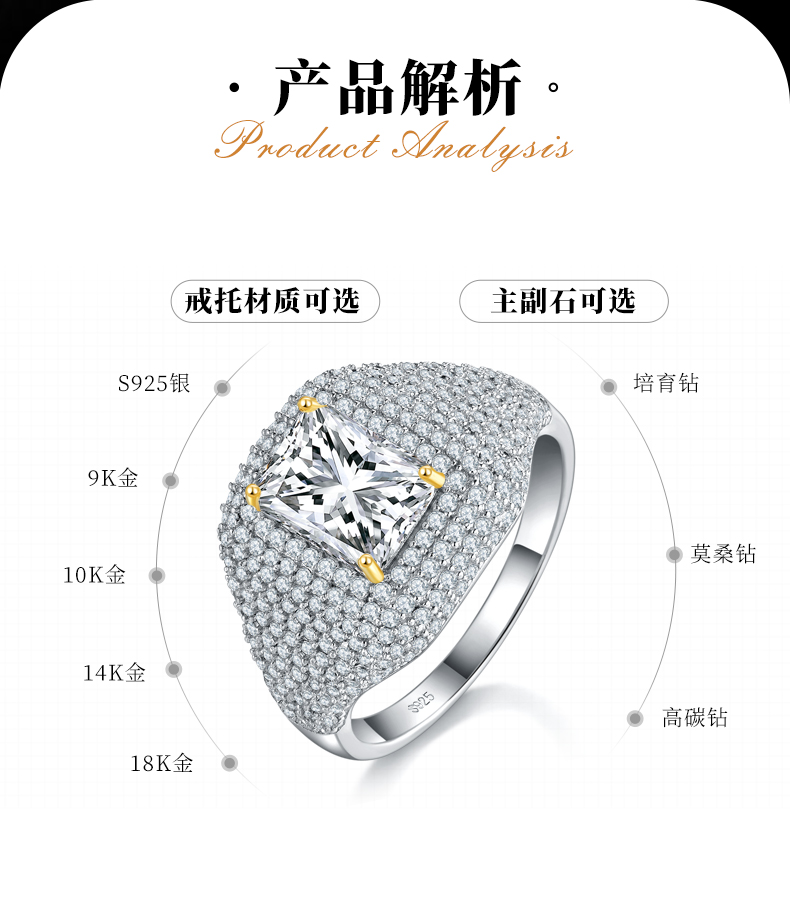 豪华款满钻围镶方钻女戒S925银镀白金定制选款主石莫桑钻2.0ct/副石高碳钻 - 2