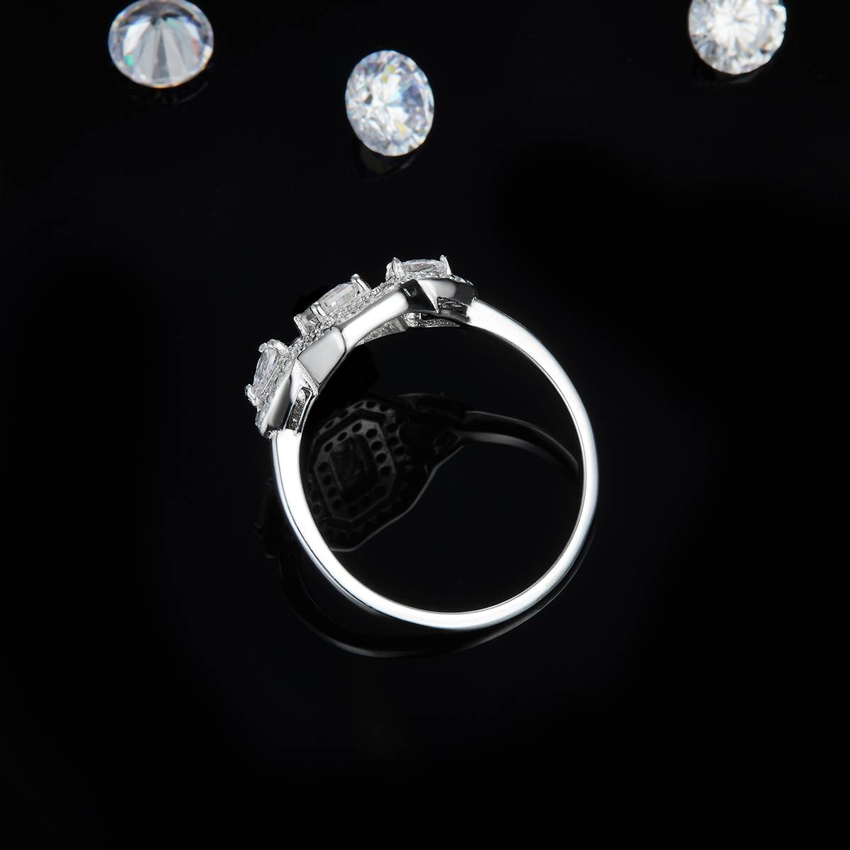 Three stone rectangular diamond women's ring S925 silver plated platinum custom selection main stone Moissanite 0.5ct/Side Stone Cubic Zirconia