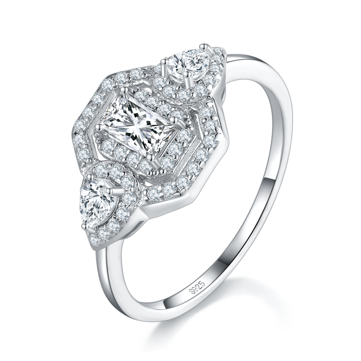 Three stone rectangular diamond women's ring S925 silver plated platinum custom selection main stone Moissanite 0.5ct/Side Stone Cubic Zirconia