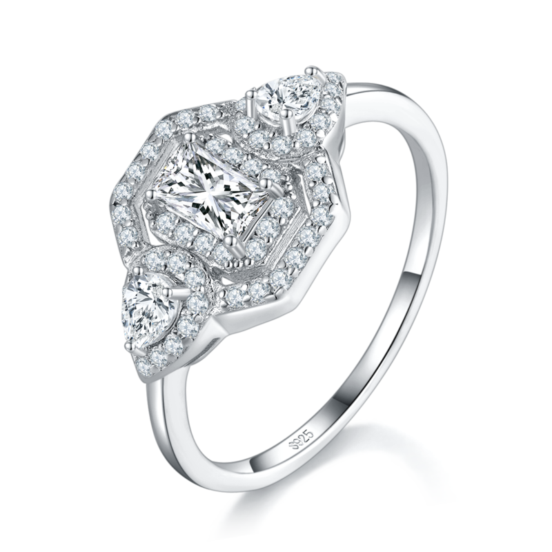 三石款长方钻Women's RingS925银镀白金定制选款主石Moissanite0.5ct/副石高碳钻