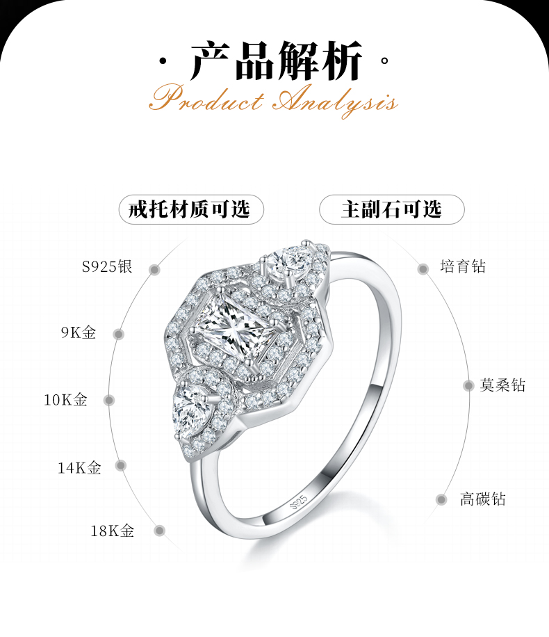 三石款长方钻女戒S925银镀白金定制选款主石莫桑钻0.5ct/副石高碳钻 - 2