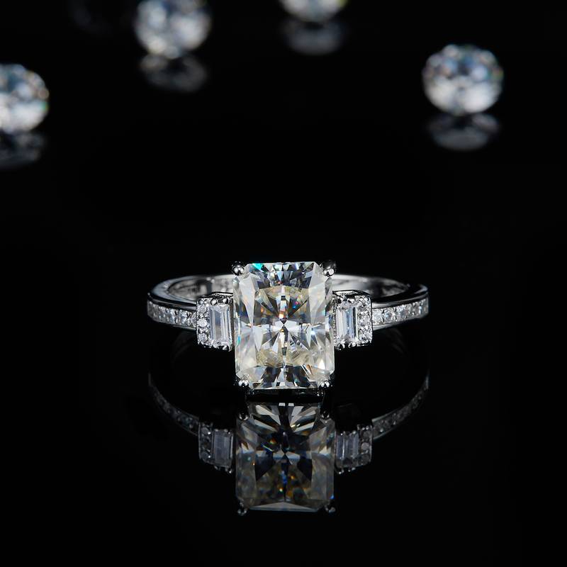三石款方钻Women's RingS925银镀白金定制选款主石Moissanite3.0ct/副石高碳钻