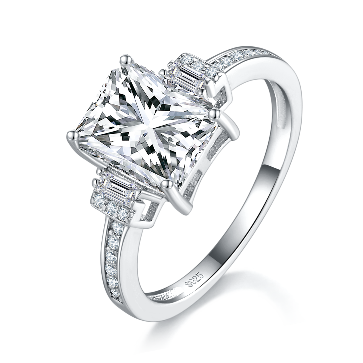 三石款方钻女戒S925银镀白金定制选款主石莫桑钻3.0ct/副石高碳钻