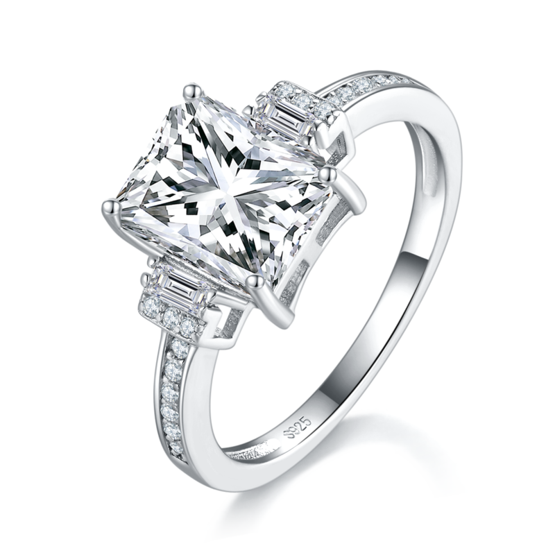 三石款方钻Women's RingS925银镀白金定制选款主石Moissanite3.0ct/副石高碳钻