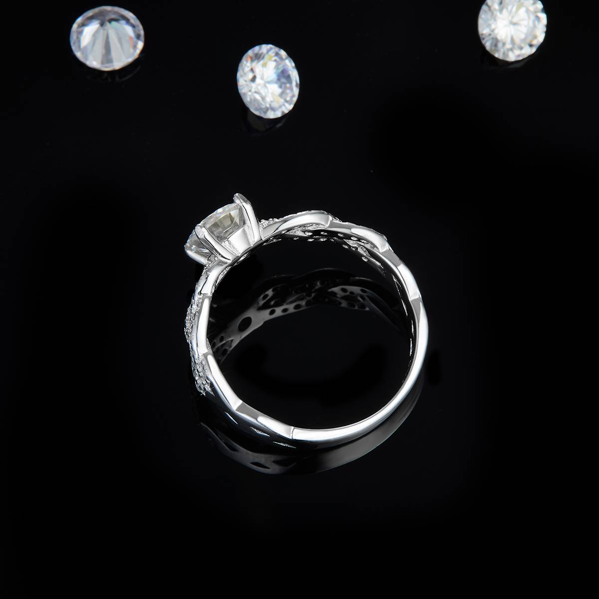 Twisted Arm Four Claw Round Diamond Women's Ring S925 Silver Plated Platinum Customized Selection Main Stone Moissanite 1.0ct/Side Stone Cubic Zirconia