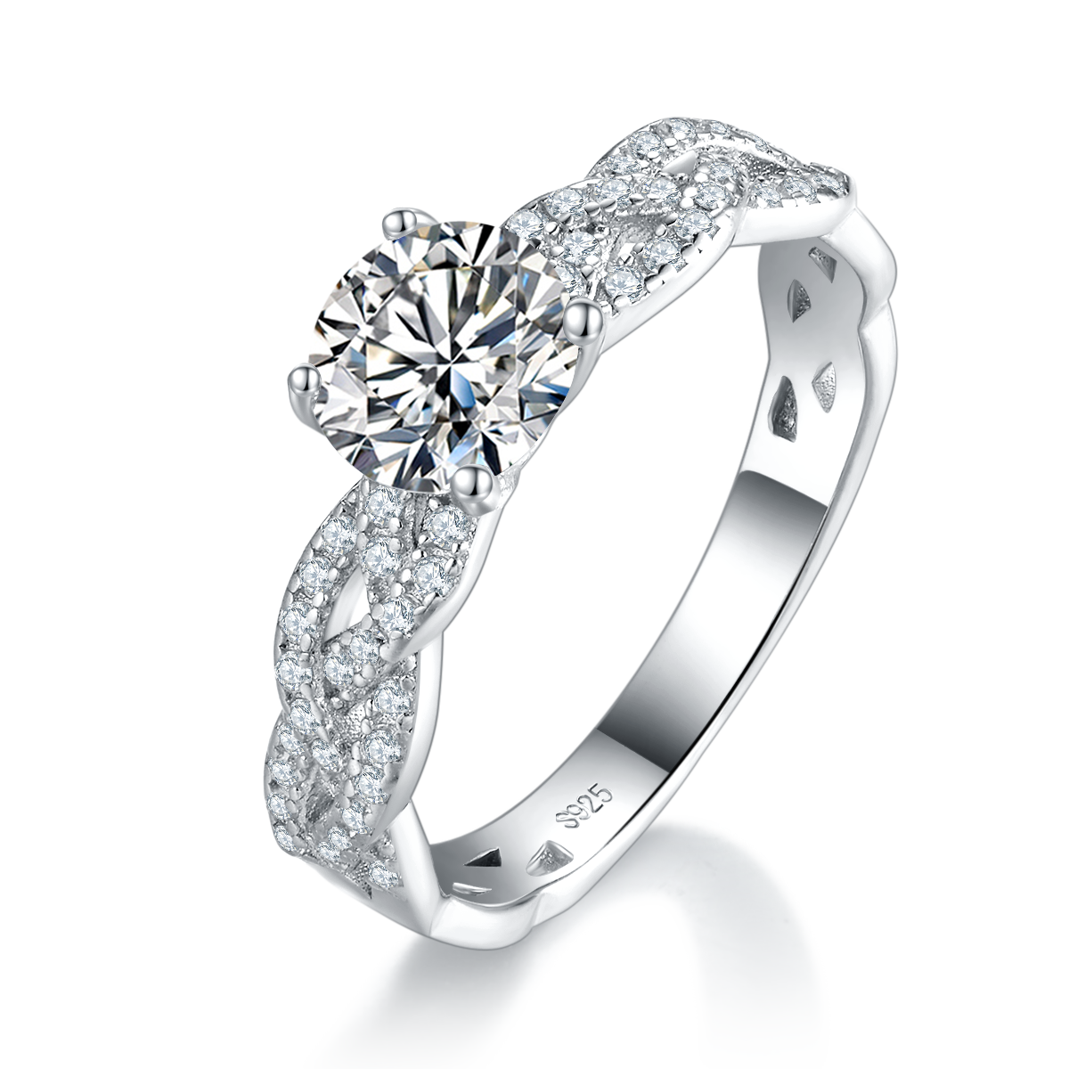 Twisted Arm Four Claw Round Diamond Women's Ring S925 Silver Plated Platinum Customized Selection Main Stone Moissanite 1.0ct/Side Stone Cubic Zirconia