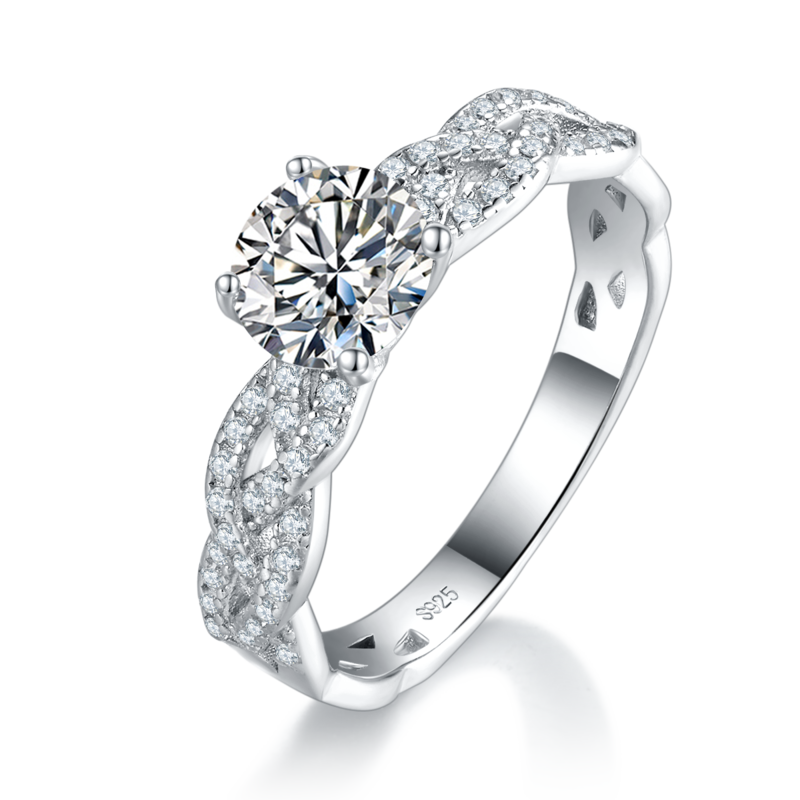 相绕扭臂四爪圆钻Women's RingS925银镀白金定制选款主石Moissanite1.0ct/副石高碳钻