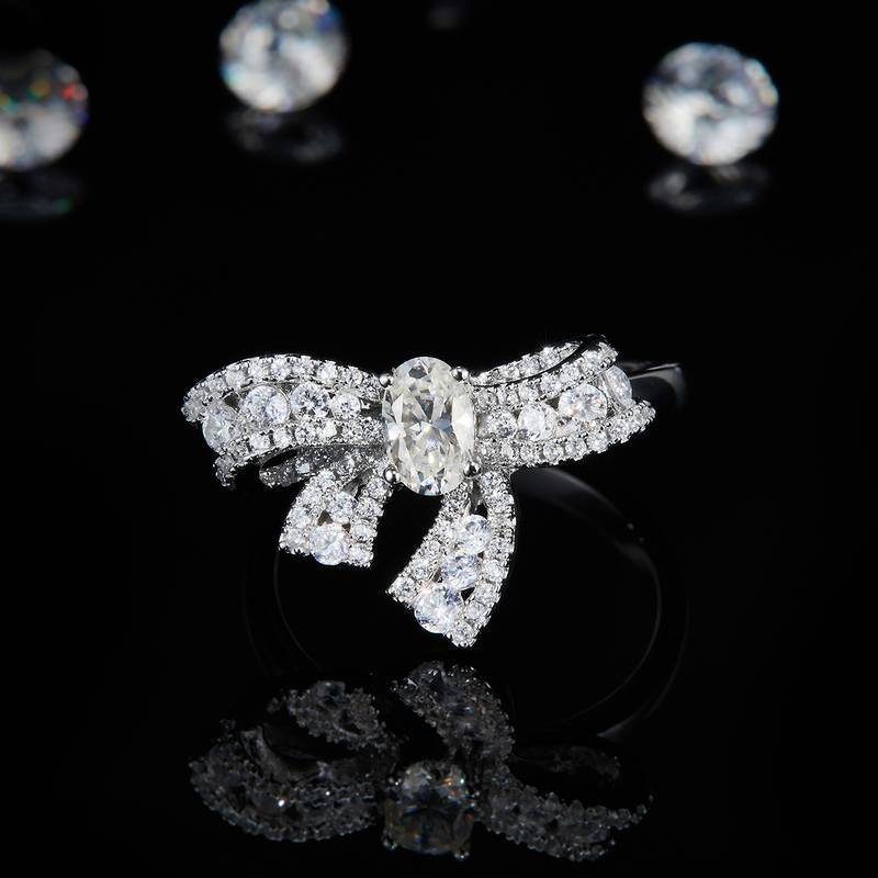 蝴蝶结蛋形钻Women's RingS925银镀白金定制选款主石Moissanite0.5ct/副石高碳钻