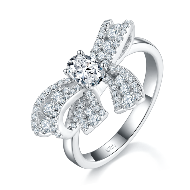 蝴蝶结蛋形钻Women's RingS925银镀白金定制选款主石Moissanite0.5ct/副石高碳钻