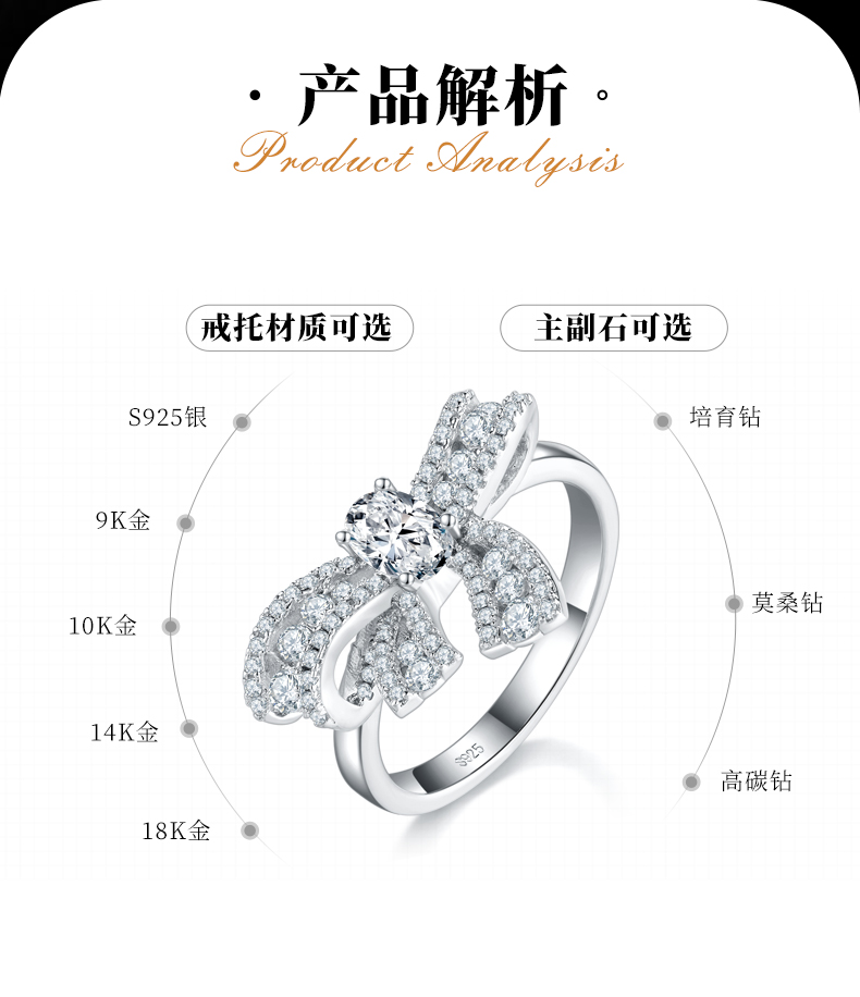 蝴蝶结蛋形钻女戒S925银镀白金定制选款主石莫桑钻0.5ct/副石高碳钻 - 2