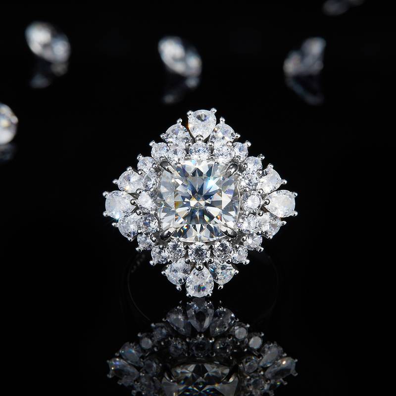 豪华款枕形钻Women's RingS925银镀白金定制选款主石Moissanite3.5ct/副石高碳钻