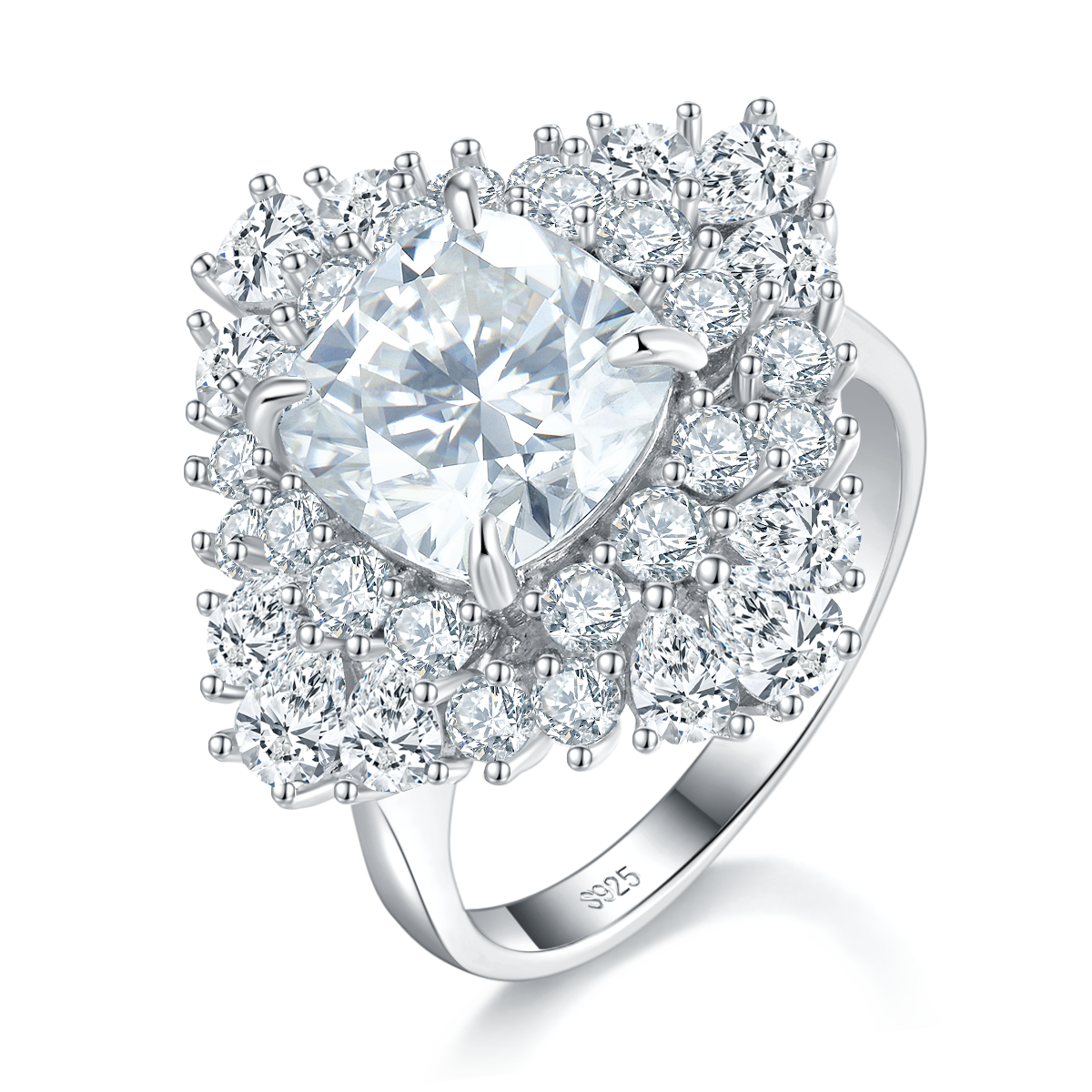 豪华款枕形钻女戒S925银镀白金定制选款主石莫桑钻3.5ct/副石高碳钻
