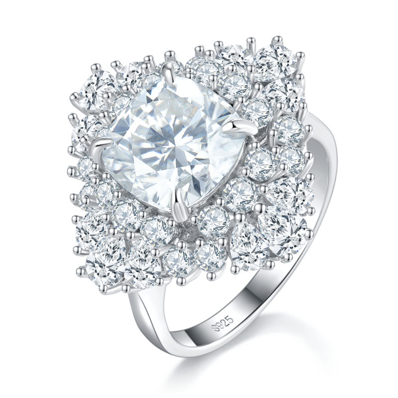 豪华款枕形钻Women's RingS925银镀白金定制选款主石Moissanite3.5ct/副石高碳钻