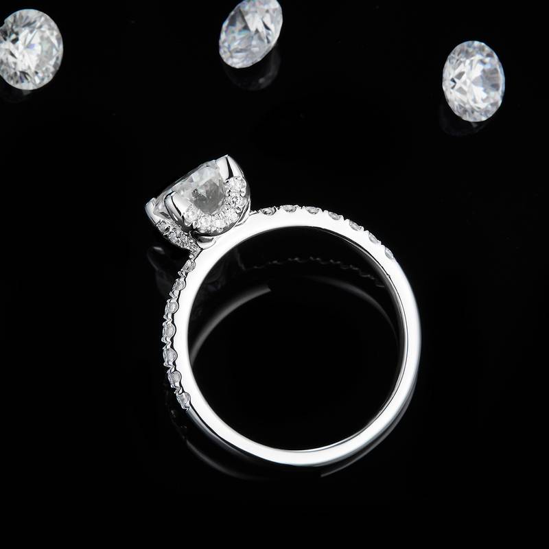 蛋形钻女戒S925银镀白金定制选款主石莫桑钻2.0ct/副石高碳钻