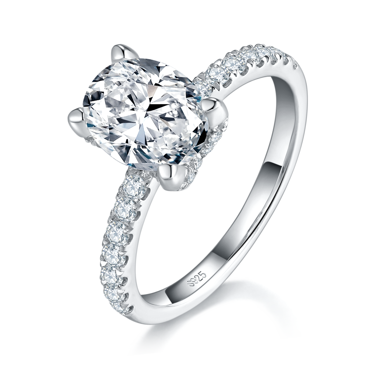 蛋形钻女戒S925银镀白金定制选款主石莫桑钻2.0ct/副石高碳钻