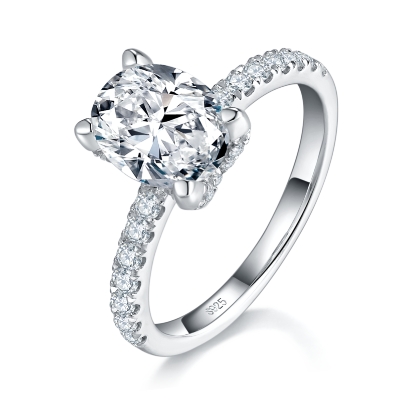 蛋形钻女戒S925银镀白金定制选款主石莫桑钻2.0ct/副石高碳钻