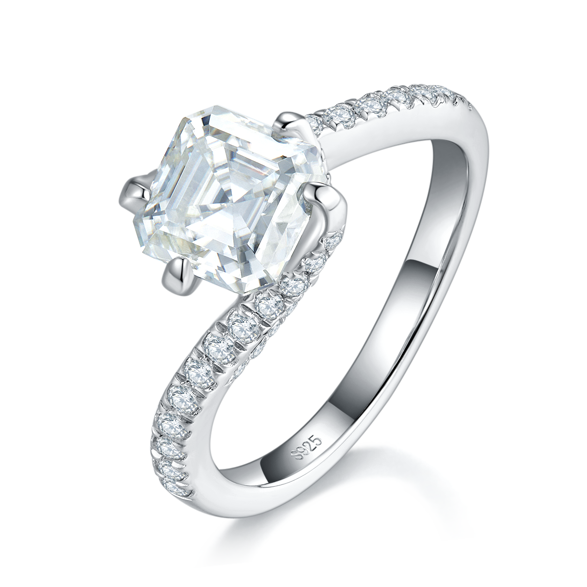 扭臂方钻女戒S925银镀白金定制选款主石莫桑钻2.0ct/副石高碳钻