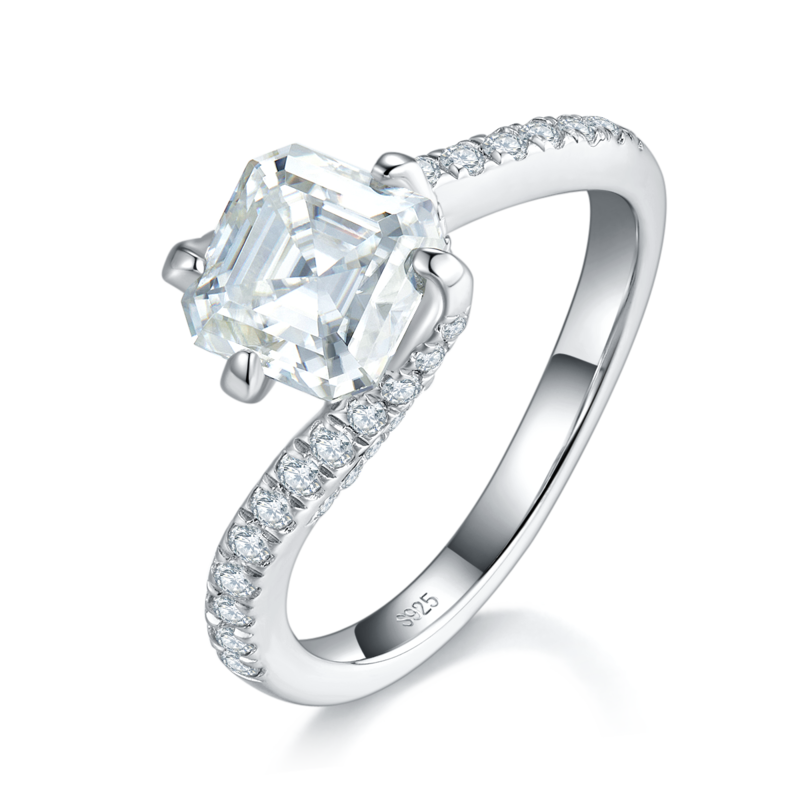 扭臂方钻Women's RingS925银镀白金定制选款主石Moissanite2.0ct/副石高碳钻