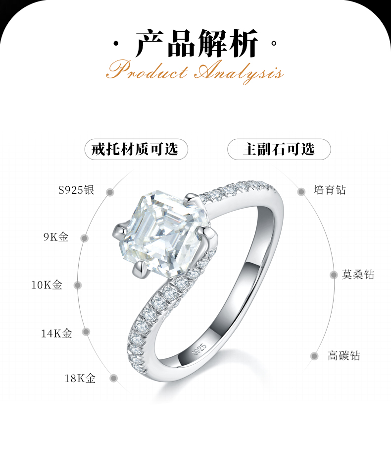 扭臂方钻女戒S925银镀白金定制选款主石莫桑钻2.0ct/副石高碳钻 - 2