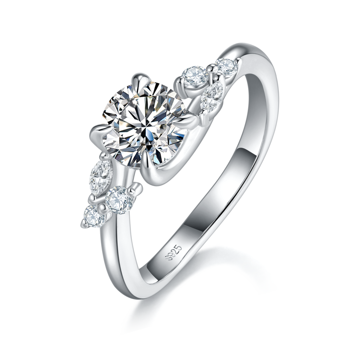 Twisted arm four claw S925 silver plated platinum customized selection main stone Moissanite 1.0ct/Side Stone Cubic Zirconia