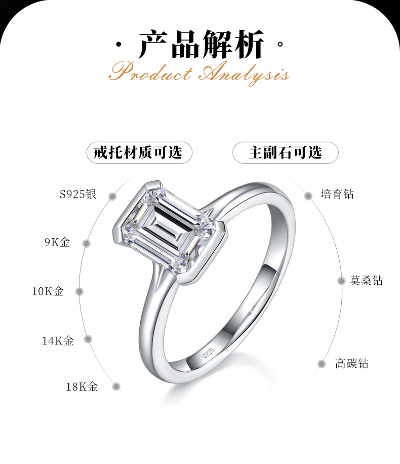 简约方钻女戒S925银镀白金定制选款莫桑钻2.0ct - 2