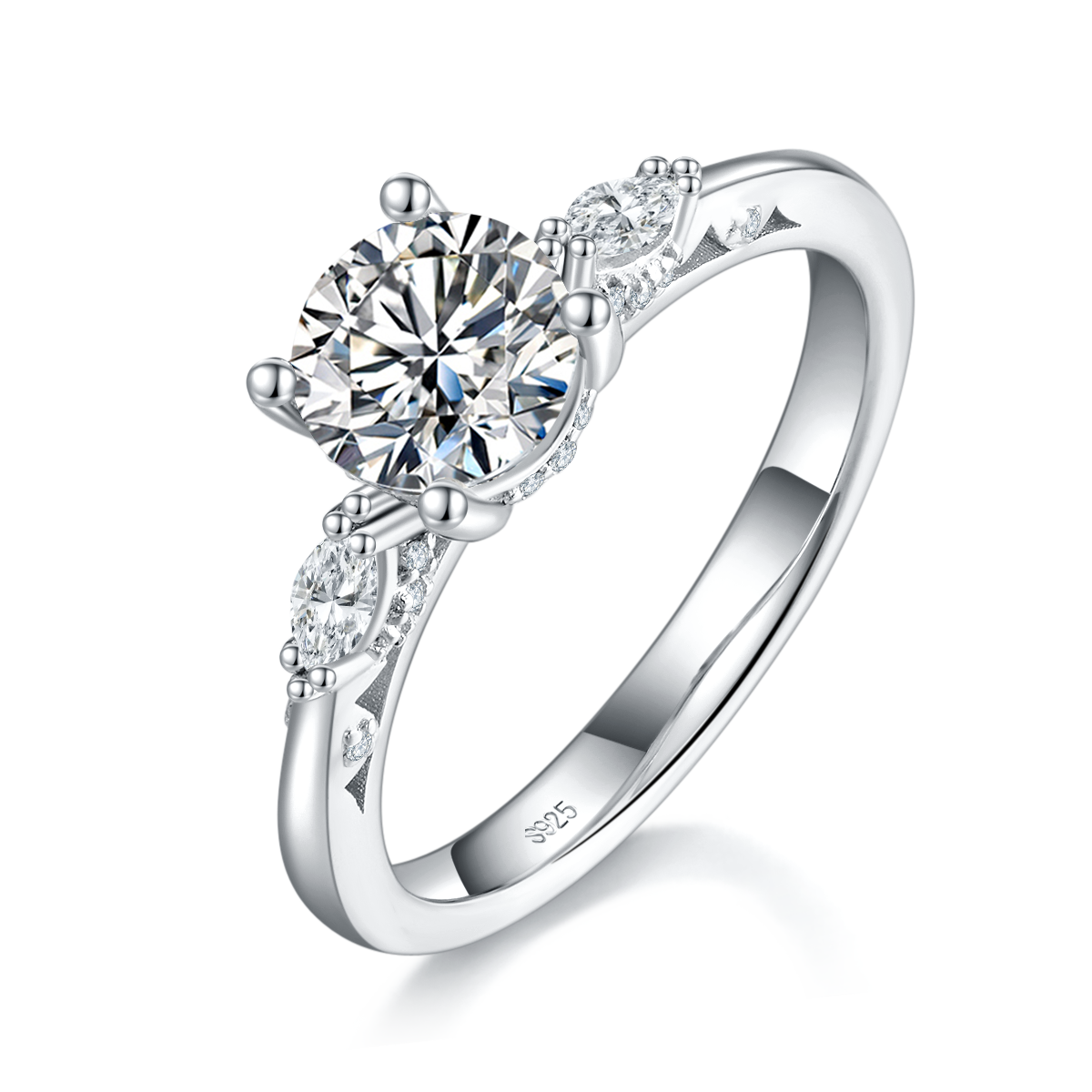 四爪女戒S925银镀白金定制选款主石莫桑钻1.0ct/副石高碳钻