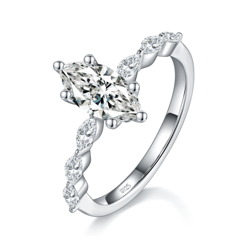 马眼钻女戒S925银镀白金定制选款主石莫桑钻1.0ct/副石高碳钻